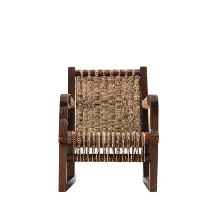 Mid Century Woven Rope Accent Chair, Solid Wood Lounge Armchair with Handwoven Seat and Back, Rustic Japandi Leisure Chair for Living Room, Balcony, Bedroom, Reading Nook and Resort Style Interiors
