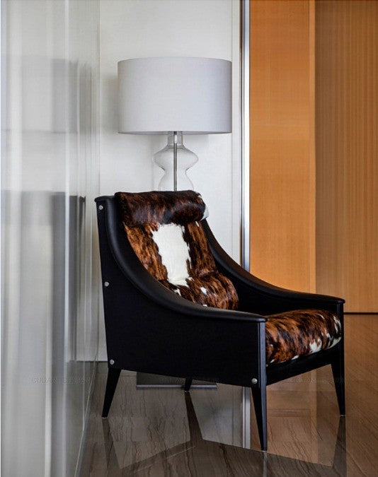 Cowhide Leather Accent Chair with Black Wood Frame, Brown and White