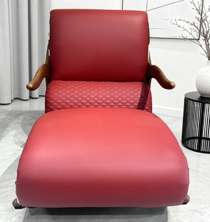 Mid Century Genuine Leather Chaise Lounge Chair with Ash Wood Arms, Wine Red Rocking Accent Chair, Designer Single Sofa Lounger for Living Room, Bedroom, Reading Nook and Lounge