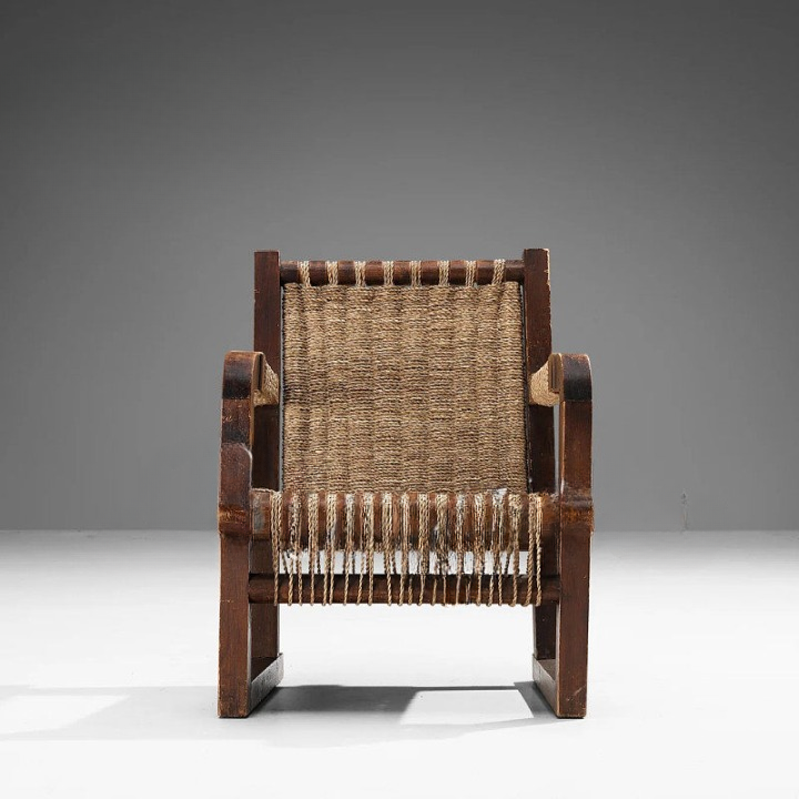 Mid Century Woven Rope Accent Chair, Solid Wood Lounge Armchair with Handwoven Seat and Back, Rustic Japandi Leisure Chair for Living Room, Balcony, Bedroom, Reading Nook and Resort Style Interiors