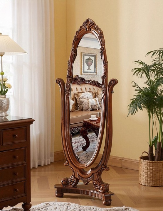 Solid Oak Ornate Freestanding Full-Length Floor Mirror