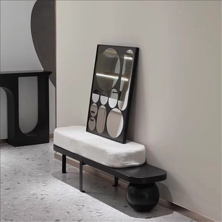 Black Wood Entryway Bench with Ivory Cushion and Display Shelf