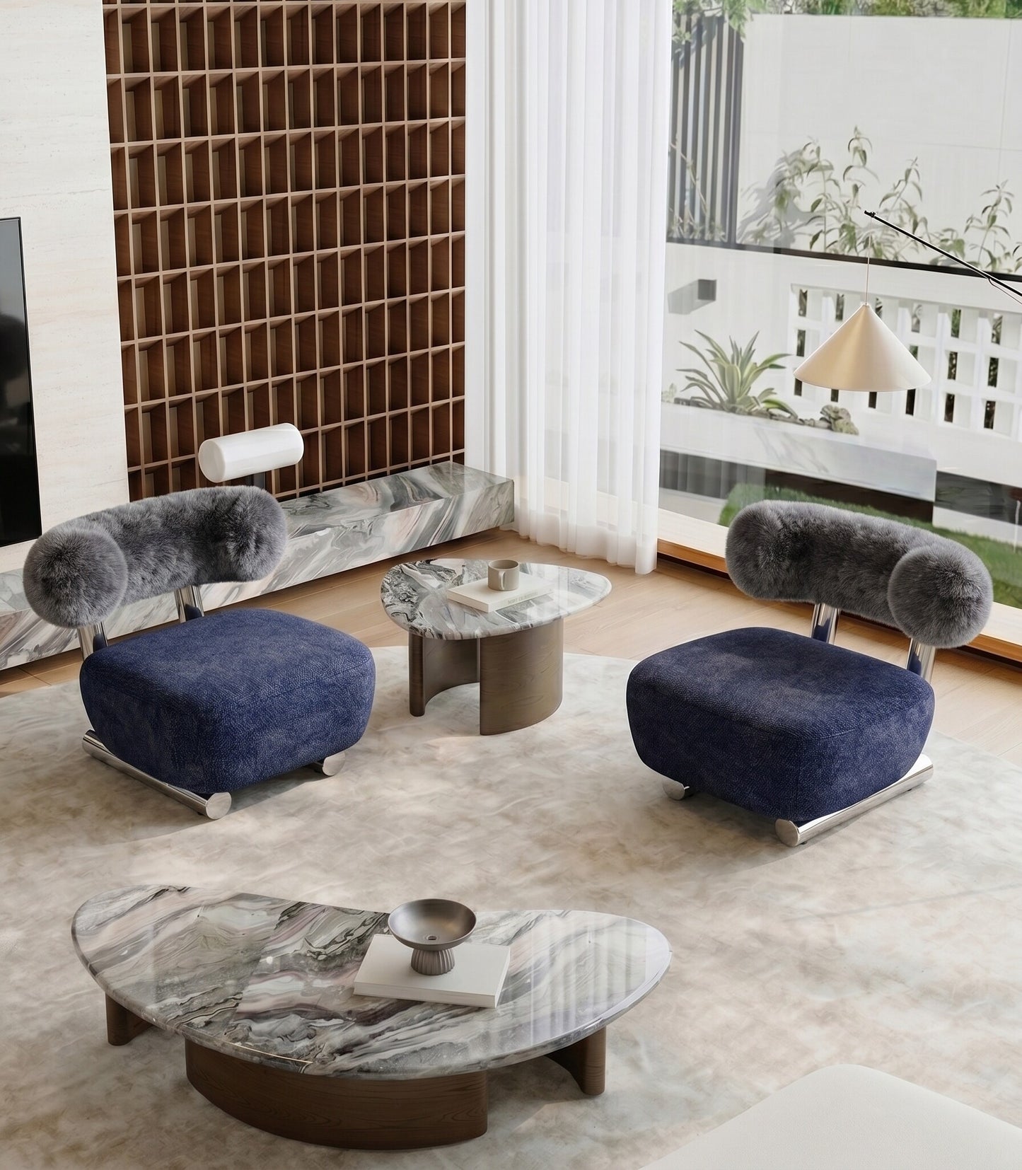 Blue Chenille Accent Chair, Modern Upholstered Lounge Chair with Plush Back Cushion and Stainless Steel Frame for Living Room, Bedroom, Hotel and Reading Corner