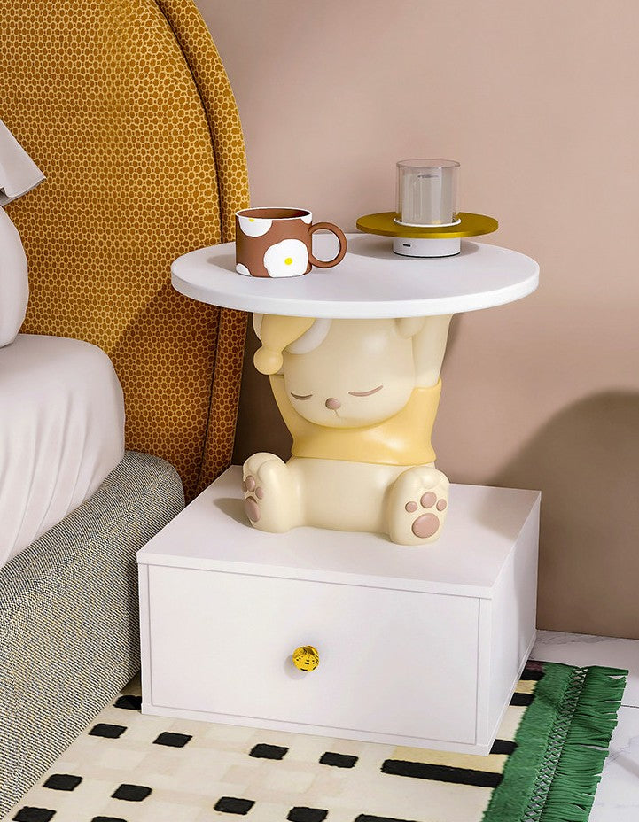 Cream and Yellow Resin Kids Side Table with Round White Wood Top, Cute Sleeping Bear Accent Nightstand for Bedroom, Nursery, Playroom, Small Spaces and Sofa Side Use