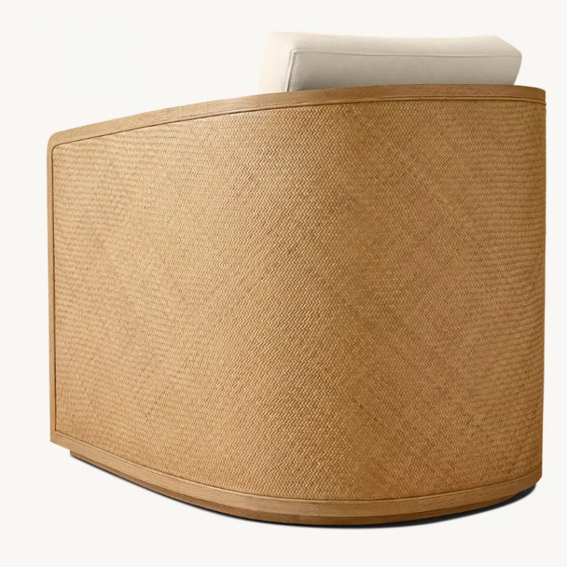 Wood and Rattan Accent Chair, Cane Armchair with Cream Cushions for Living Room, Bedroom, Hotel, Villa, Lounge, Natural Wood Finish