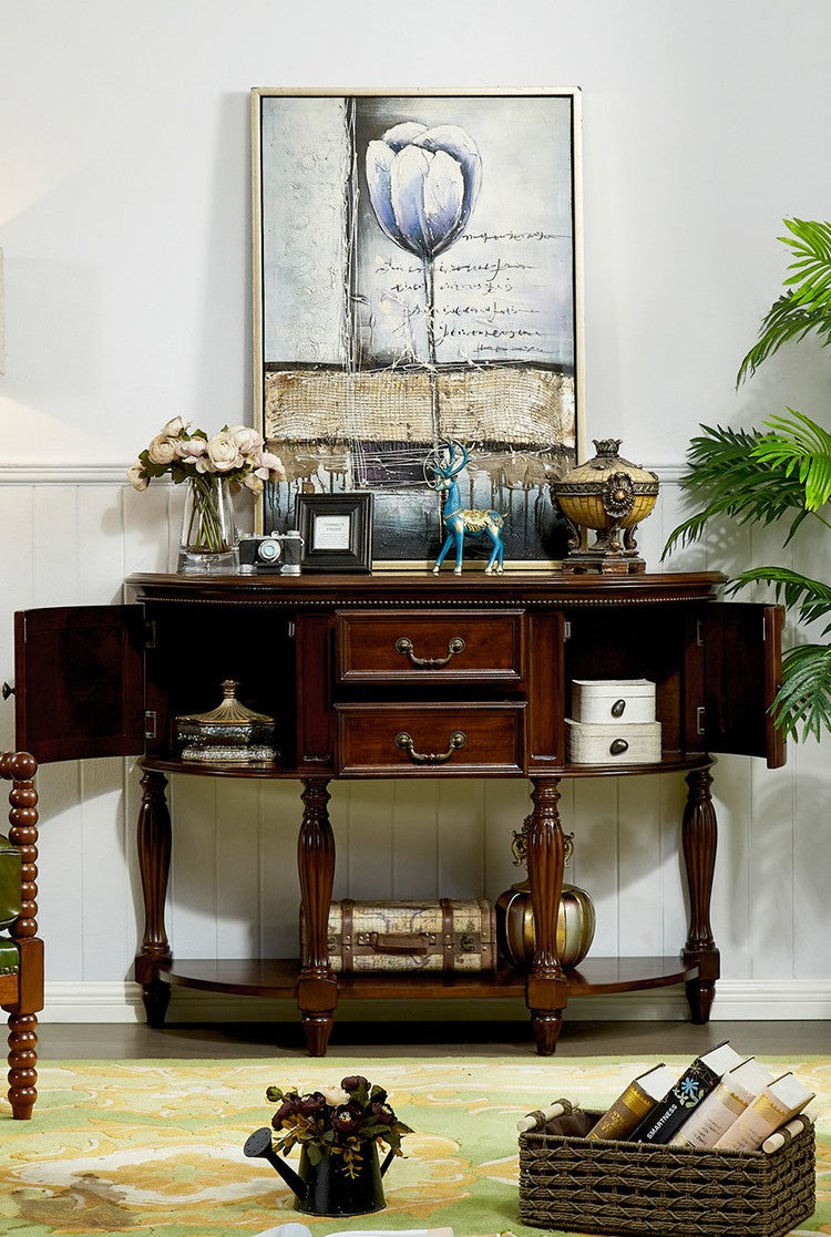 Solid Wood Half Moon Console Table with Drawers and Storage