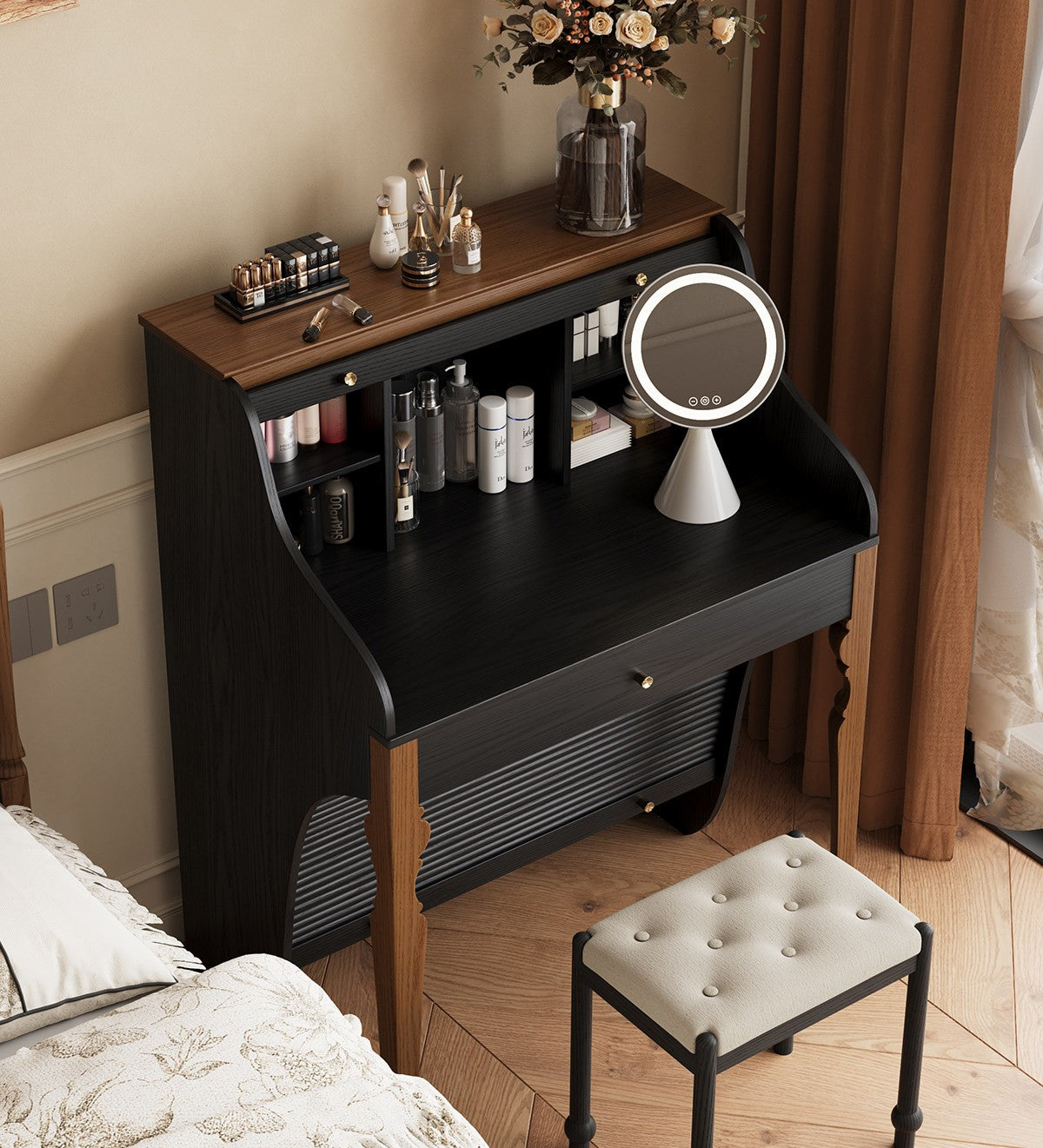 Roll Top Vanity Desk with Storage Shelves and Drawer, Solid Wood Makeup Table, Compact Dressing Table Organizer for Bedroom, Walk In Closet, Beauty Room, Black and Natural Wood
