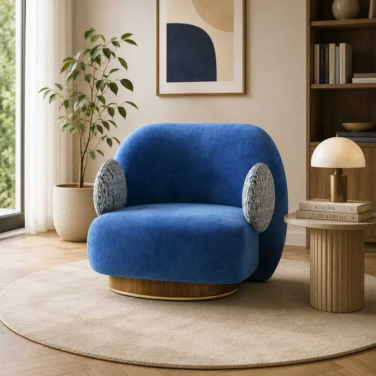 Blue Velvet Swivel Barrel Accent Chair with Decorative Round Side Cushions