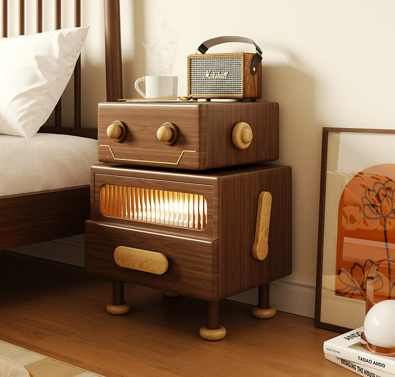 Solid Wood Robot Nightstand with Rotating Top, Walnut Bedside Table with Drawer, Ambient Light Display Cabinet, Modern End Table for Bedroom, Living Room &amp; Apartment