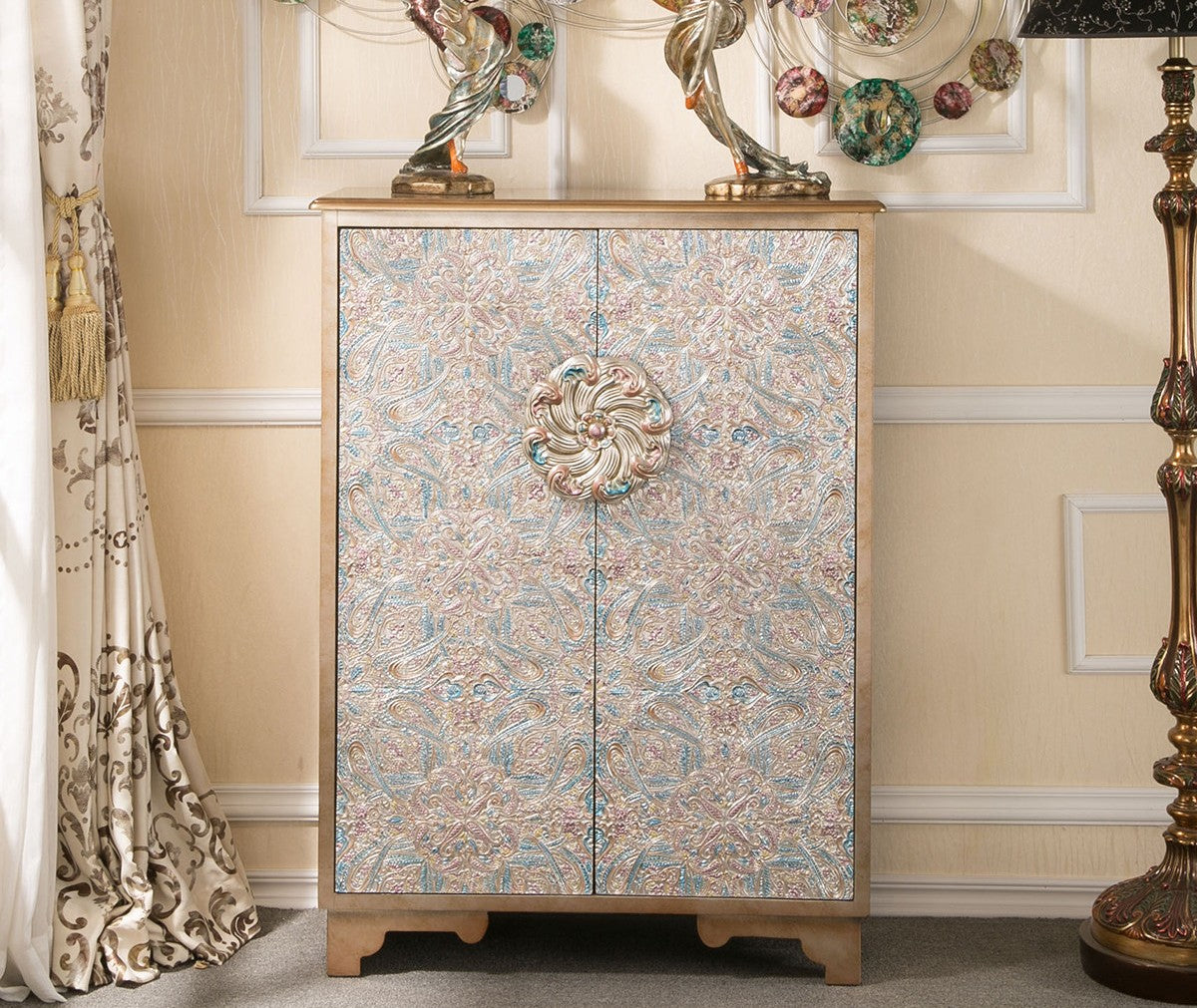 Floral 2-Door Accent Cabinet, Tall Entryway Storage, Pale Blue