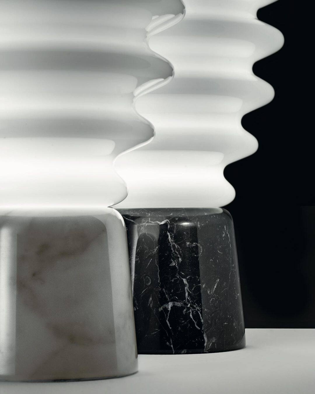 Modern Ribbed Glass Table Lamp with Black Marble Base, Frosted White Bedside Lamp for Bedroom, Living Room, Office, Nightstand, Console Table and Contemporary Home Decor