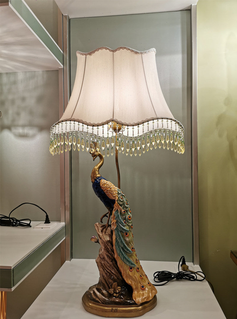 Peacock Table Lamp with Beaded Fabric Shade, Luxury Bird Statue Bedside Lamp, Decorative Accent Lighting for Living Room, Bedroom, Office, Study Room, Nightstand and Console Table