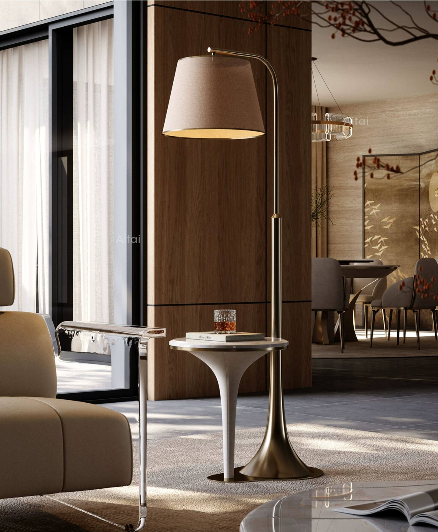 Floor Lamp with Table Attached, Modern Luxury Side Table Floor Lamp with White Stone Top, Fabric Drum Shade and Antique Bronze Metal Frame for Living Room, Bedroom, Sofa Corner