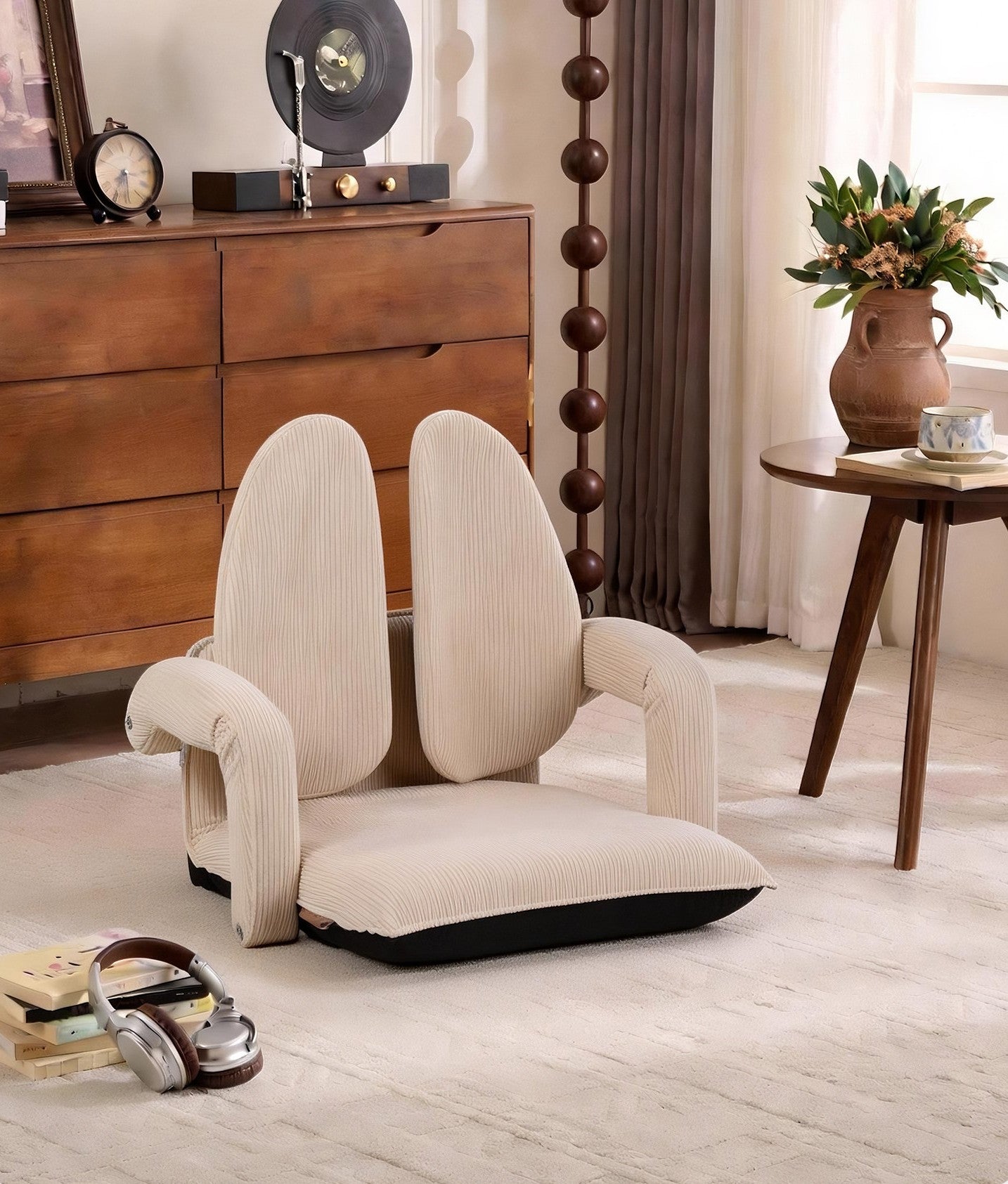 Cream Corduroy Folding Floor Chair with Armrests and Adjustable Dual Backrest