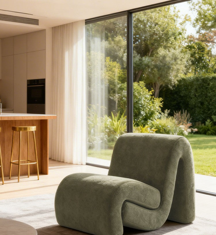 Green Linen Lounge Chair, Curved Upholstered Accent Chair with Solid Wood Frame for Hotel Lobby, Salon, Living Room and Reception Area