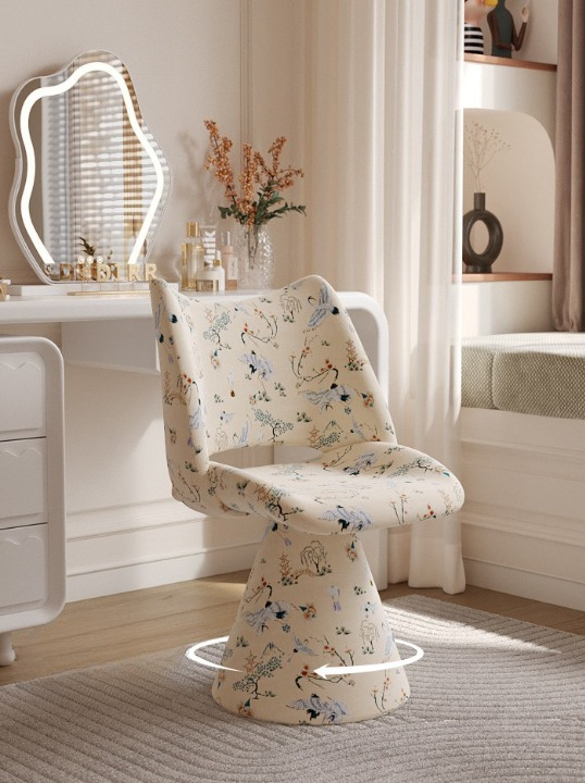 Ivory Crane Print 360-Degree Swivel Vanity Chair with Backrest