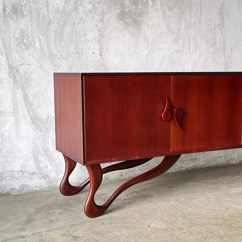 Solid Teak Wood TV Stand, Mid Century Media Console Cabinet with Sculptural Legs, Wooden Storage Credenza for Living Room, Entertainment Center, Sideboard Buffet Cabinet, Honey Brown