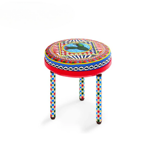Luxury Hand Painted Round Accent Stool Decorative Ottoman Chair Colorful Artistic Vanity Stool Modern Bohemian Side Seat for Living Room Bedroom Dressing Room