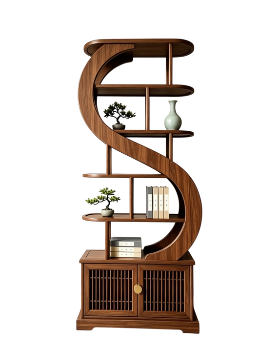 Solid Ash Wood Display Shelf with Storage Cabinet, Modern Curved Open Bookcase, Freestanding Room Divider Display Rack, Walnut Finish Decorative Shelving Unit for Living Room, Entryway, Office &amp; Home Library