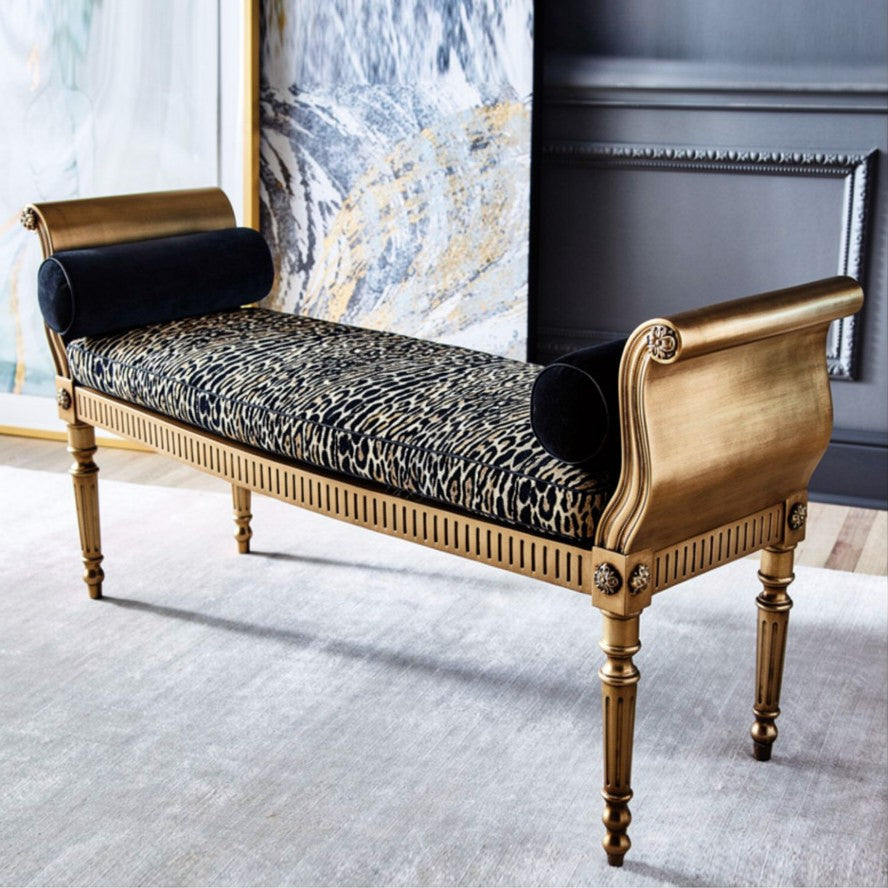 Animal Print End of Bed Bench, French Style Upholstered Bedroom Bench with Bolster Pillows, Distressed Gold Solid Wood Entryway Shoe Bench, Vanity Bench, Living Room Accent Bench