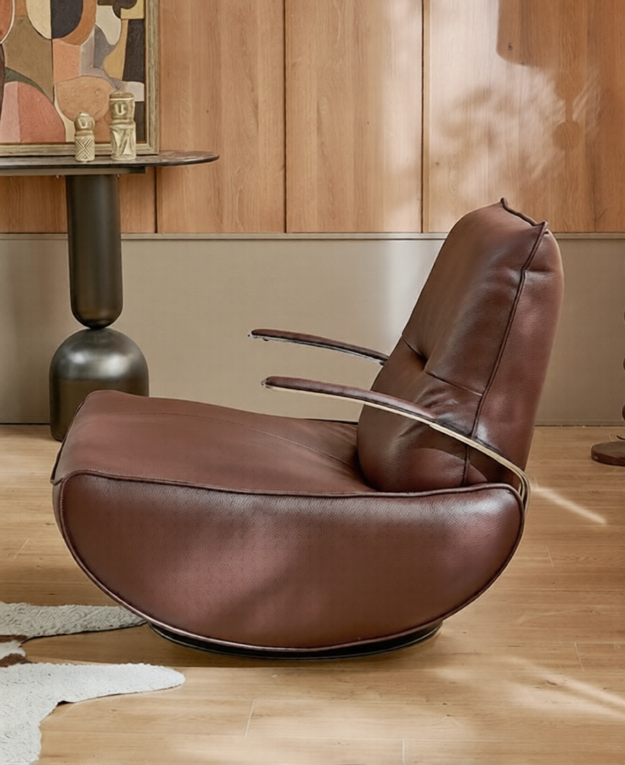 Brown Faux Leather Swivel Lounge Chair, Modern Upholstered Recliner Accent Chair with Metal Base for Living Room, Bedroom, Balcony and Reading Corner