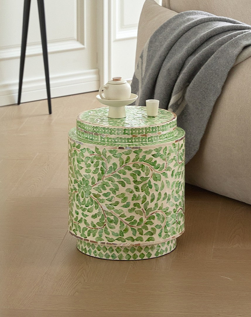 Green Mother of Pearl Inlay Drum Stool, Floral Vine Accent Side Table, Handmade Round End Table with MDF Core, Decorative Garden Stool for Living Room, Bedroom, Entryway, Vanity