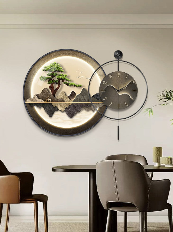Modern Mountain Wall Clock 28 Inch, 3D Landscape Wall Art with Tree