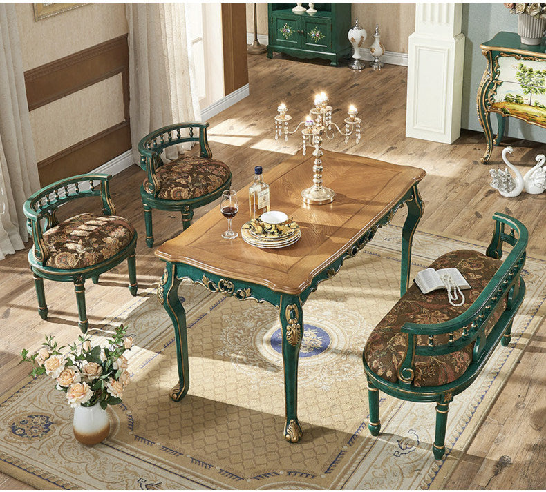 Solid Wood Dining Set with Table, 2 Chairs and Upholstered Bench, Green