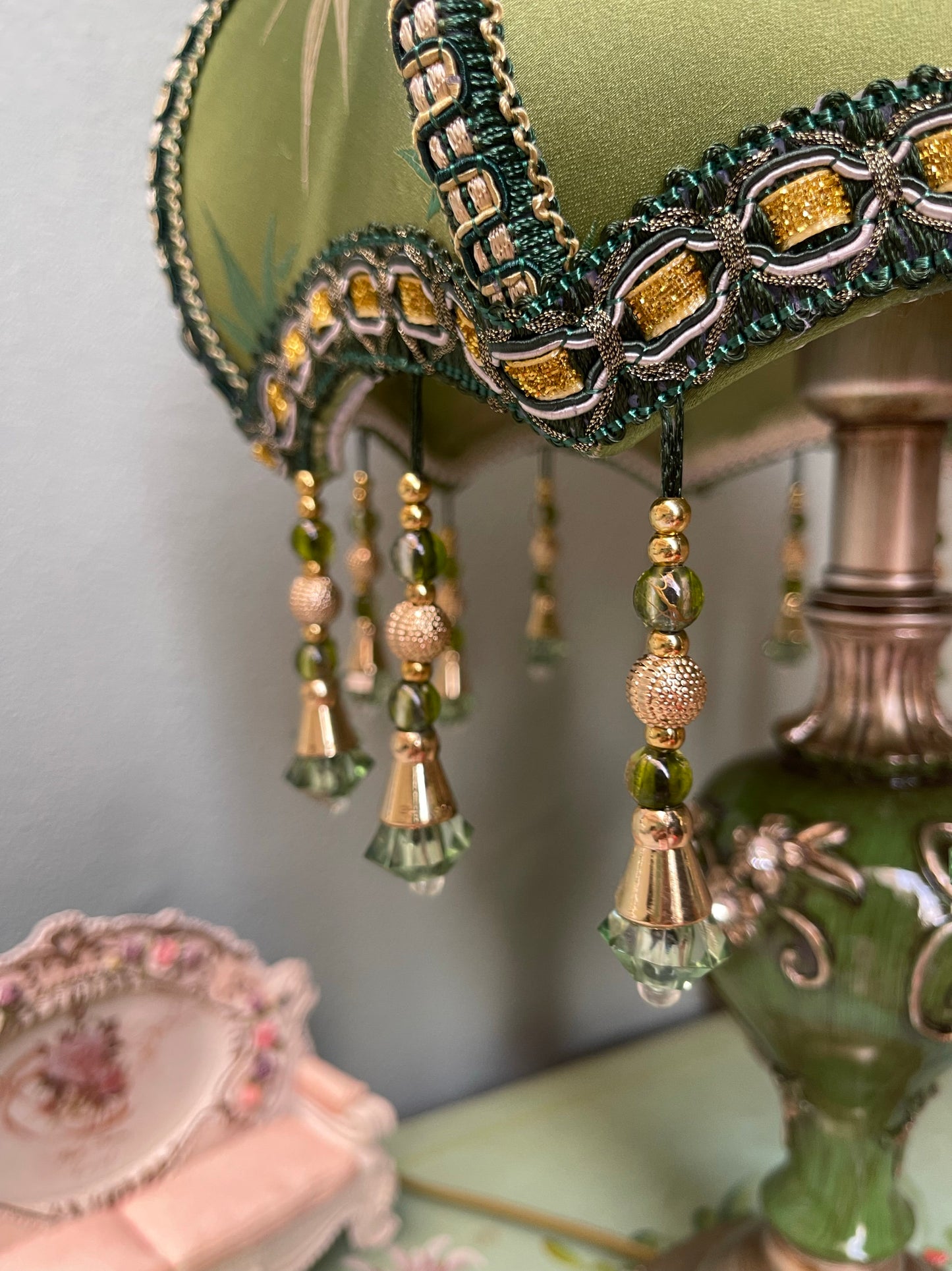 Vintage Green Bamboo Table Lamp with Fabric Shade, Beaded Fringe and 3-Way LED Bulb
