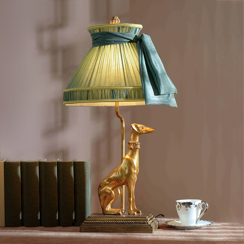 Gold Hound Dog Table Lamp with Oval Pleated Fabric Shade, Decorative Animal Accent Lamp for Living Room, Bedroom, Study, Office, Console Table and Luxury Home Decor