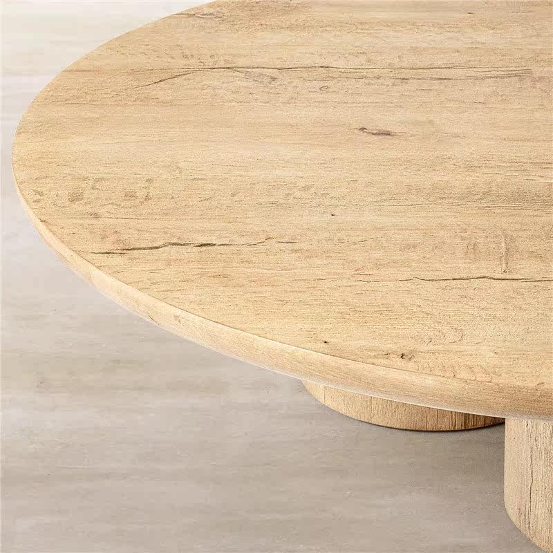 Round Solid Wood Coffee Table, Natural Wood Center Table with Cylindrical Pedestal Base for Living Room, Sofa Lounge, Villa, Hotel, Farmhouse Decor