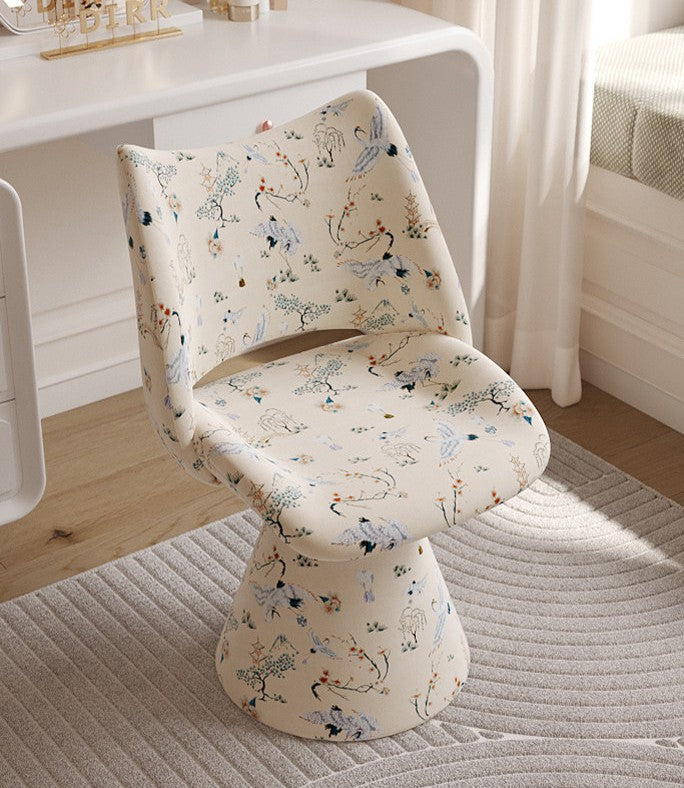 Ivory Crane Print 360-Degree Swivel Vanity Chair with Backrest