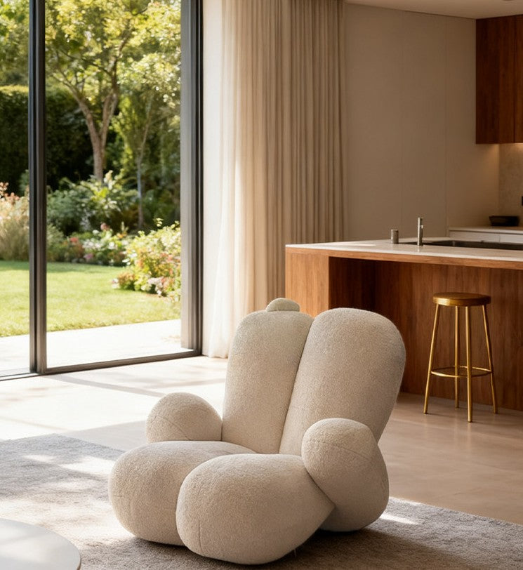 Cream Chenille Accent Chair, Curved Upholstered Lounge Chair for Living Room