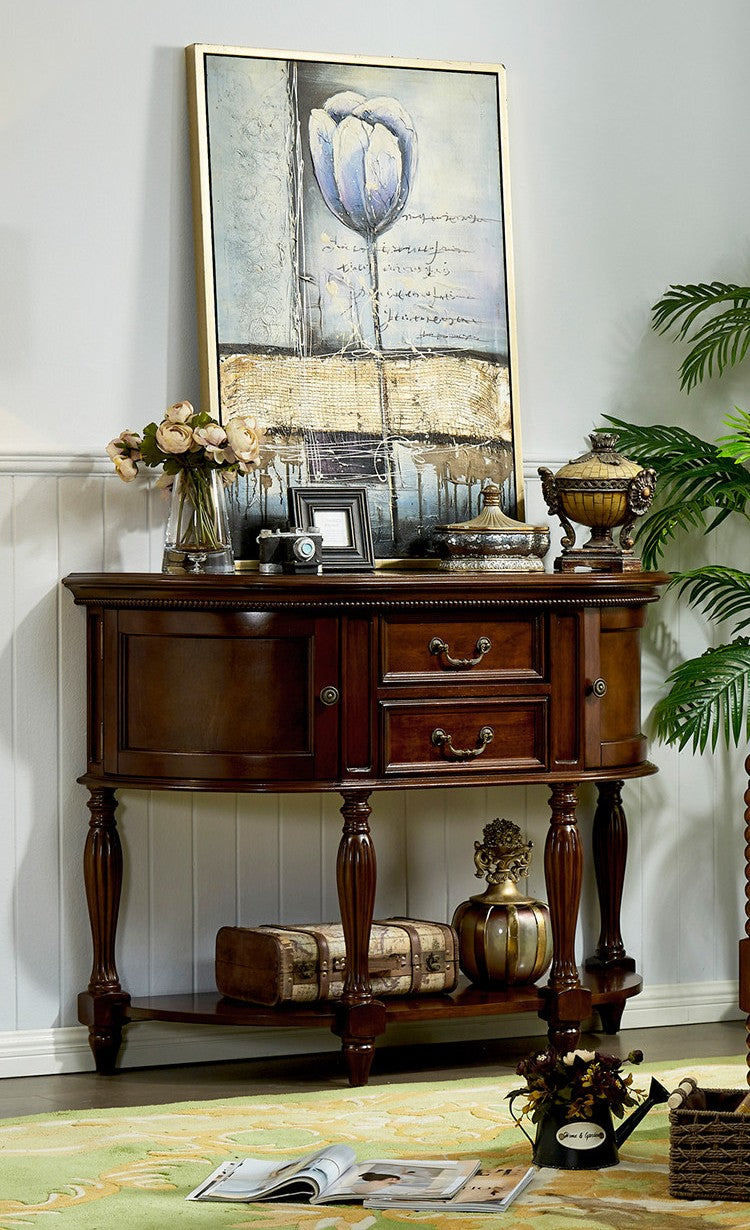 Solid Wood Half Moon Console Table with Drawers and Storage