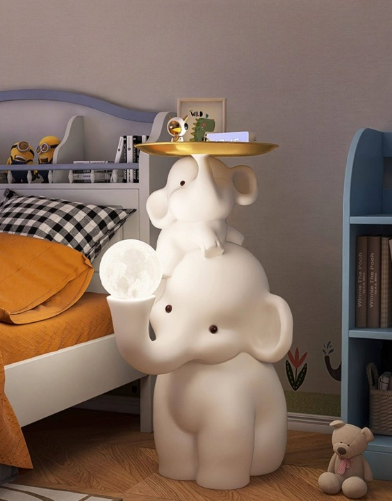 Cream White Resin Parent and Baby Elephant Side Table with Gold Alloy Tray and 3-Color Dimmable Moon Globe Night Light for Living Room, Bedroom, Nursery and Sofa Side