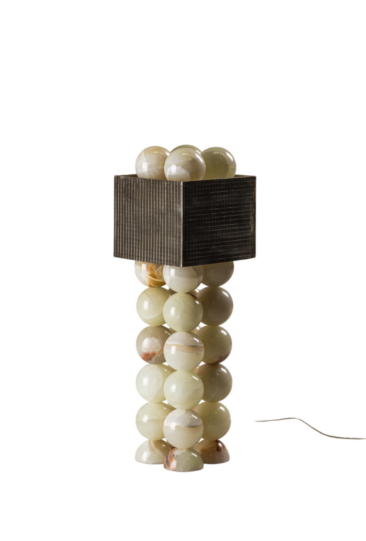 Modern Onyx Sphere Table Lamp with Dark Metal Square Shade, Luxury Stone Ball Bedside Lamp for Bedroom, Living Room, Hotel Lobby, Reception Desk, Office, Console Table and Contemporary Home Decor