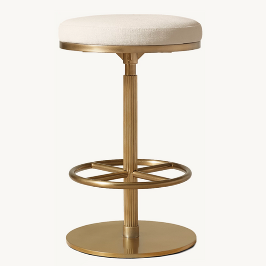 Backless Upholstered Swivel Bar Stool, Round Cream Counter Stool with Gold Metal Base and Footrest for Kitchen Island, Home Bar, Hotel
