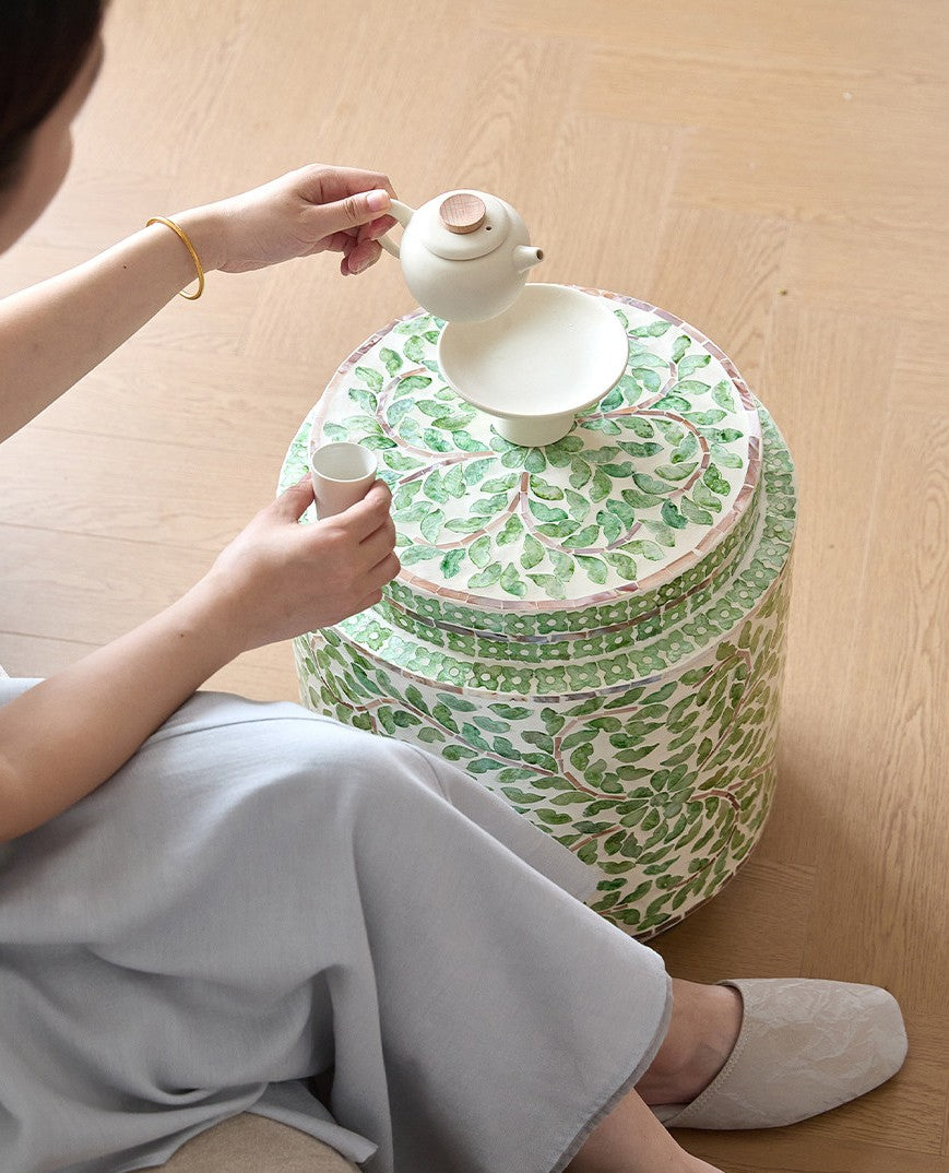 Green Mother of Pearl Inlay Drum Stool, Floral Vine Accent Side Table, Handmade Round End Table with MDF Core, Decorative Garden Stool for Living Room, Bedroom, Entryway, Vanity