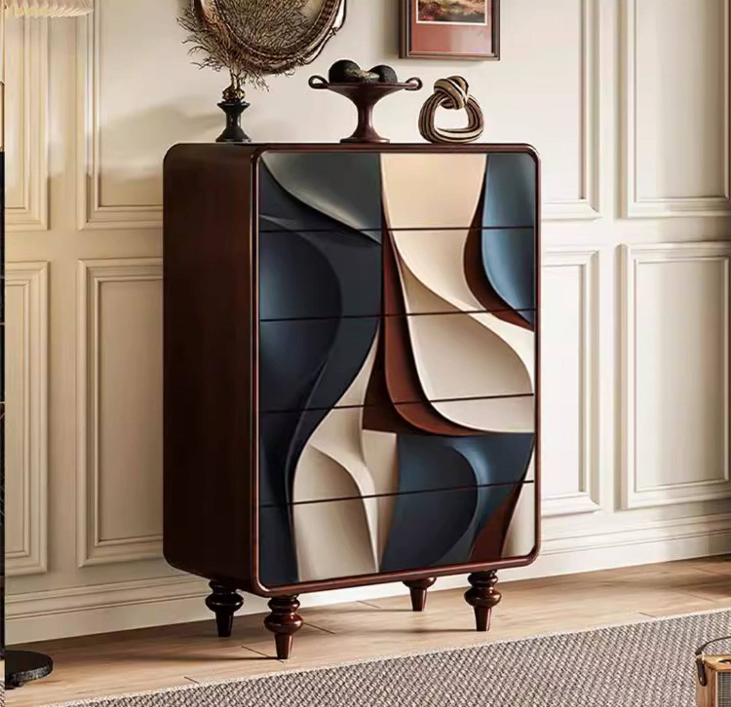 Solid Pine 5-Drawer Dresser, Mid-Century Modern Abstract Chest of Drawers for Bedroom, Living Room &amp; Entryway