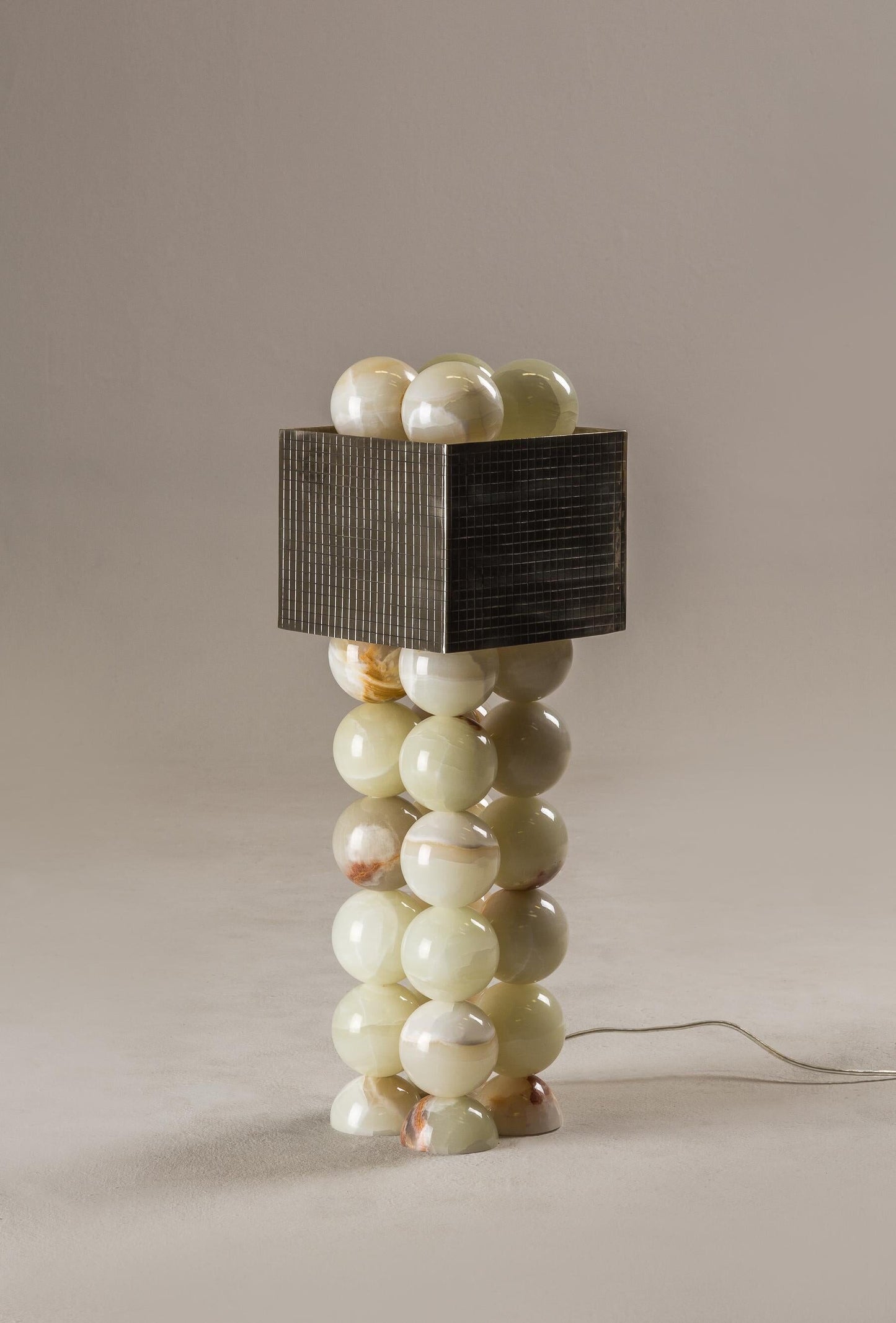 Modern Onyx Sphere Table Lamp with Dark Metal Square Shade, Luxury Stone Ball Bedside Lamp for Bedroom, Living Room, Hotel Lobby, Reception Desk, Office, Console Table and Contemporary Home Decor