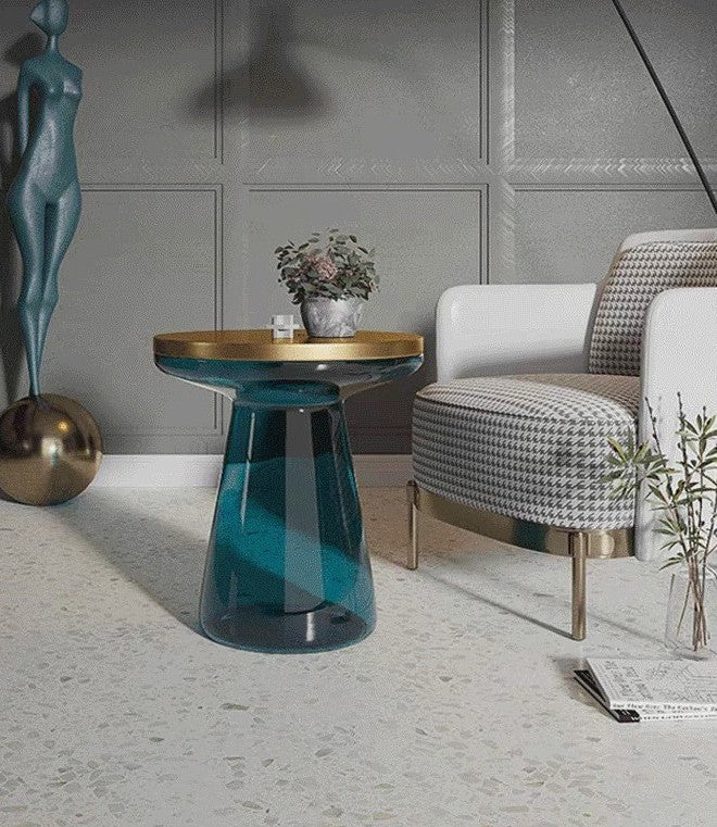 Modern Blue Glass Side Table, Round Pedestal Accent Table with Champagne Gold Rim, Luxury Small Sofa End Table for Living Room, Bedroom, Balcony and Lounge Decor
