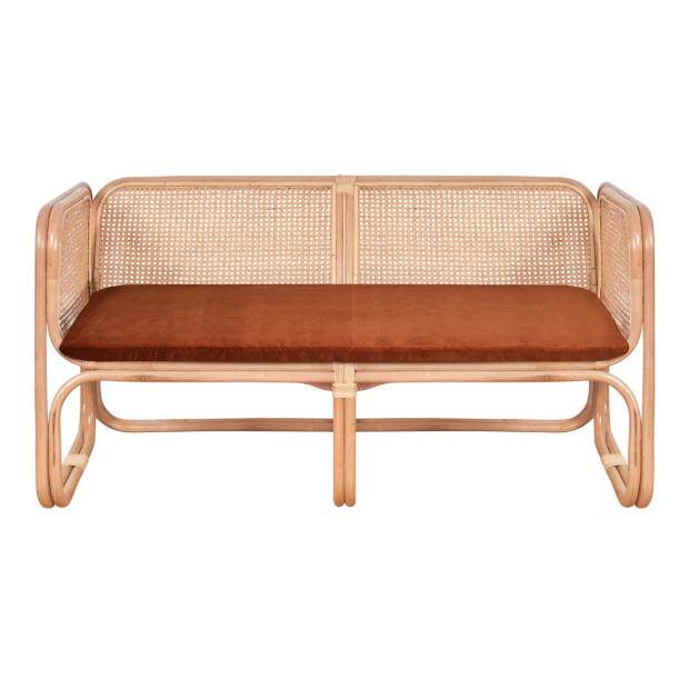Rattan Loveseat Accent Bench with Cushioned Seat, Natural Cane Wicker 2 Seater Sofa Chair for Living Room, Bedroom, Balcony, Sunroom, Covered Patio, Entryway, Cafe, and Apartment Decor