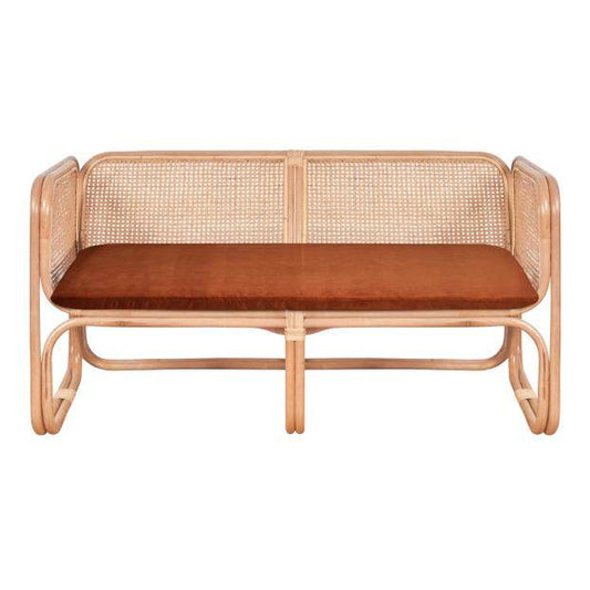 Rattan Loveseat Accent Bench with Cushioned Seat, Natural Cane Wicker 2 Seater Sofa Chair for Living Room, Bedroom, Balcony, Sunroom, Covered Patio, Entryway, Cafe, and Apartment Decor