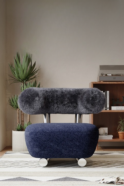 Blue Chenille Accent Chair, Modern Upholstered Lounge Chair with Plush Back Cushion and Stainless Steel Frame for Living Room, Bedroom, Hotel and Reading Corner