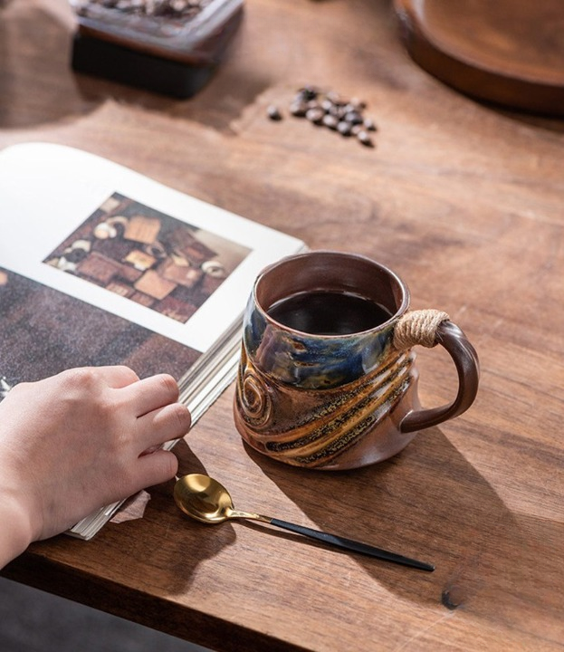 Blue Brown Ceramic Coffee Mug with Rope-Wrapped Handle, 10.8 oz