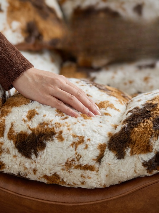 Cow Print Faux Fur Chaise Lounge Chair with Brown Leather-Look Base