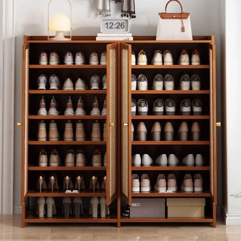 Walnut Bamboo Shoe Cabinet with 4 Cane Doors and Shelves
