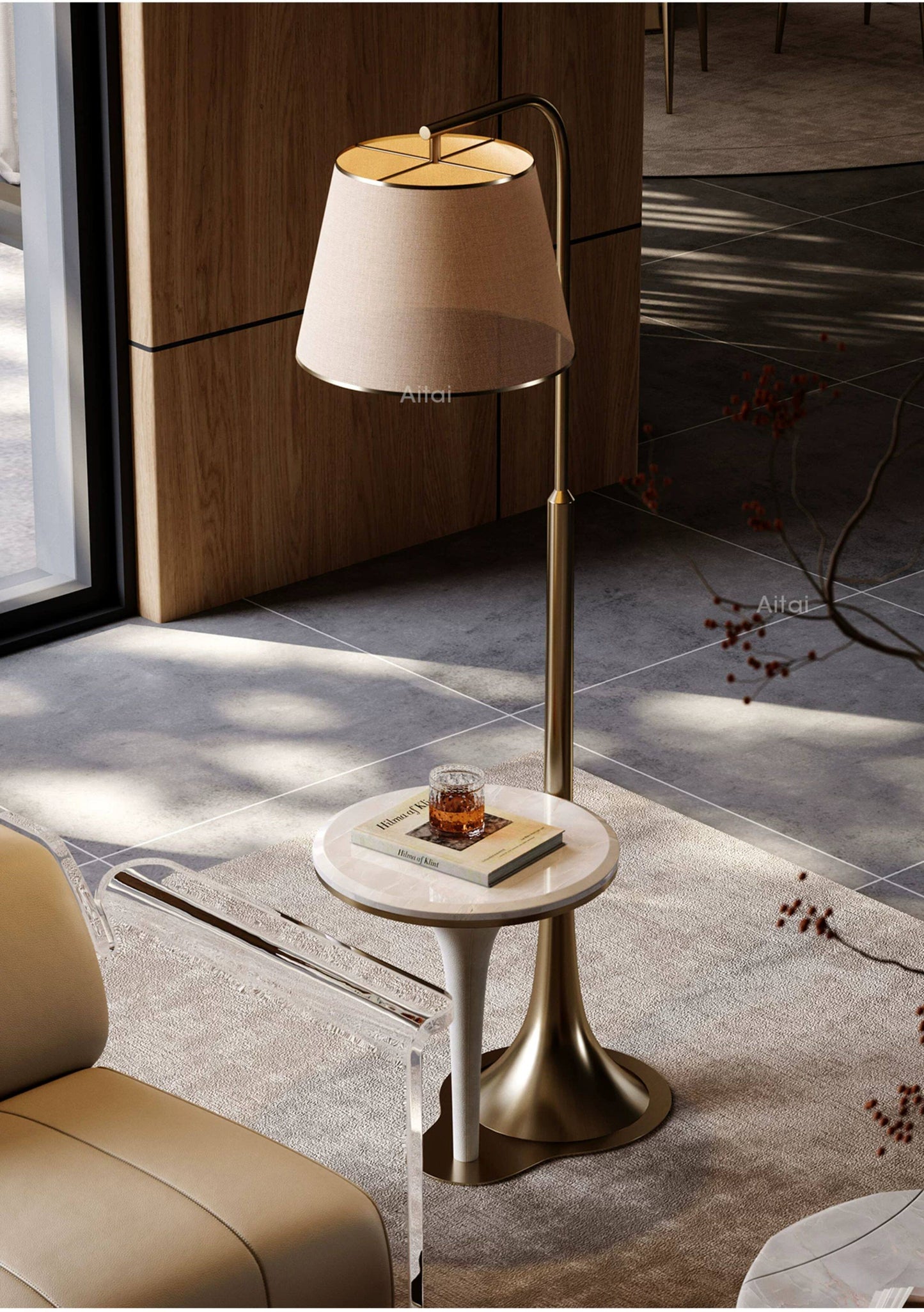 Floor Lamp with Table Attached, Modern Luxury Side Table Floor Lamp with White Stone Top, Fabric Drum Shade and Antique Bronze Metal Frame for Living Room, Bedroom, Sofa Corner