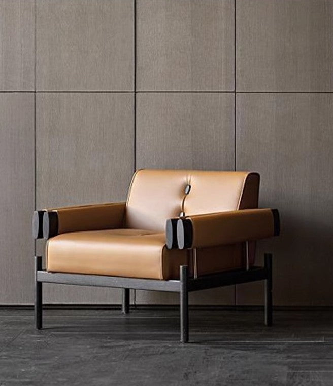 Brown Faux Leather Accent Chair with Solid Wood Frame and Padded Arms