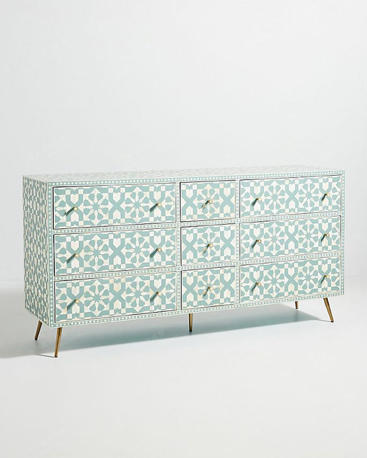 Blue White Geometric 9 Drawer Dresser, Solid Wood Accent Chest with Gold Tone Legs, Hand Painted Style Sideboard Storage Cabinet for Entryway, Living Room, Bedroom